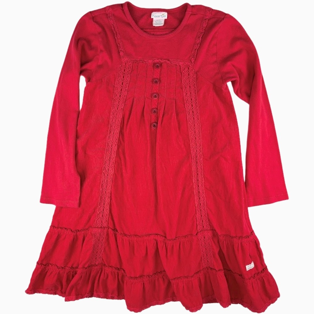 Naartjie Girls Sz 10 Solid Red Long Sleeve Dress Corduroy‎ Lace Detail Cotton